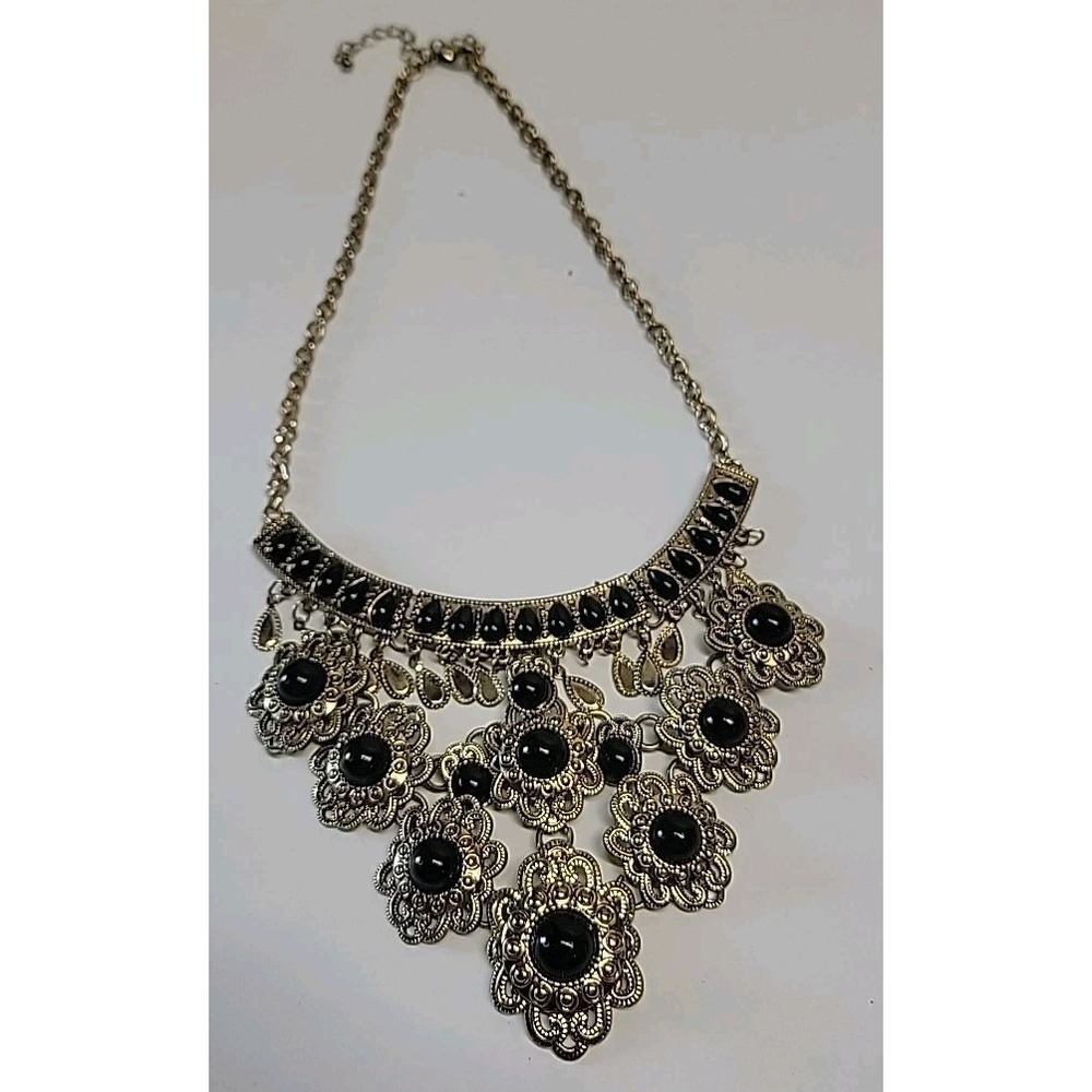 Vtg Necklace Choker Collar Black and Crystal Faux Stone Light Green Faceted Gold